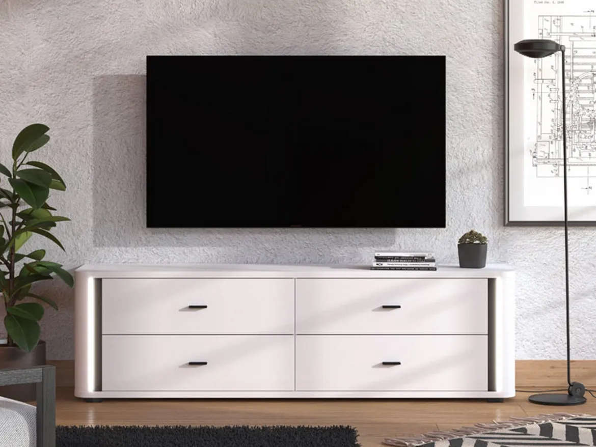 Mobile Porta tv Bianco Opaco Nero 4 Cassetti un Ripiano 176.5x40x52h cm, Apertura Scorrevole - Terenzo