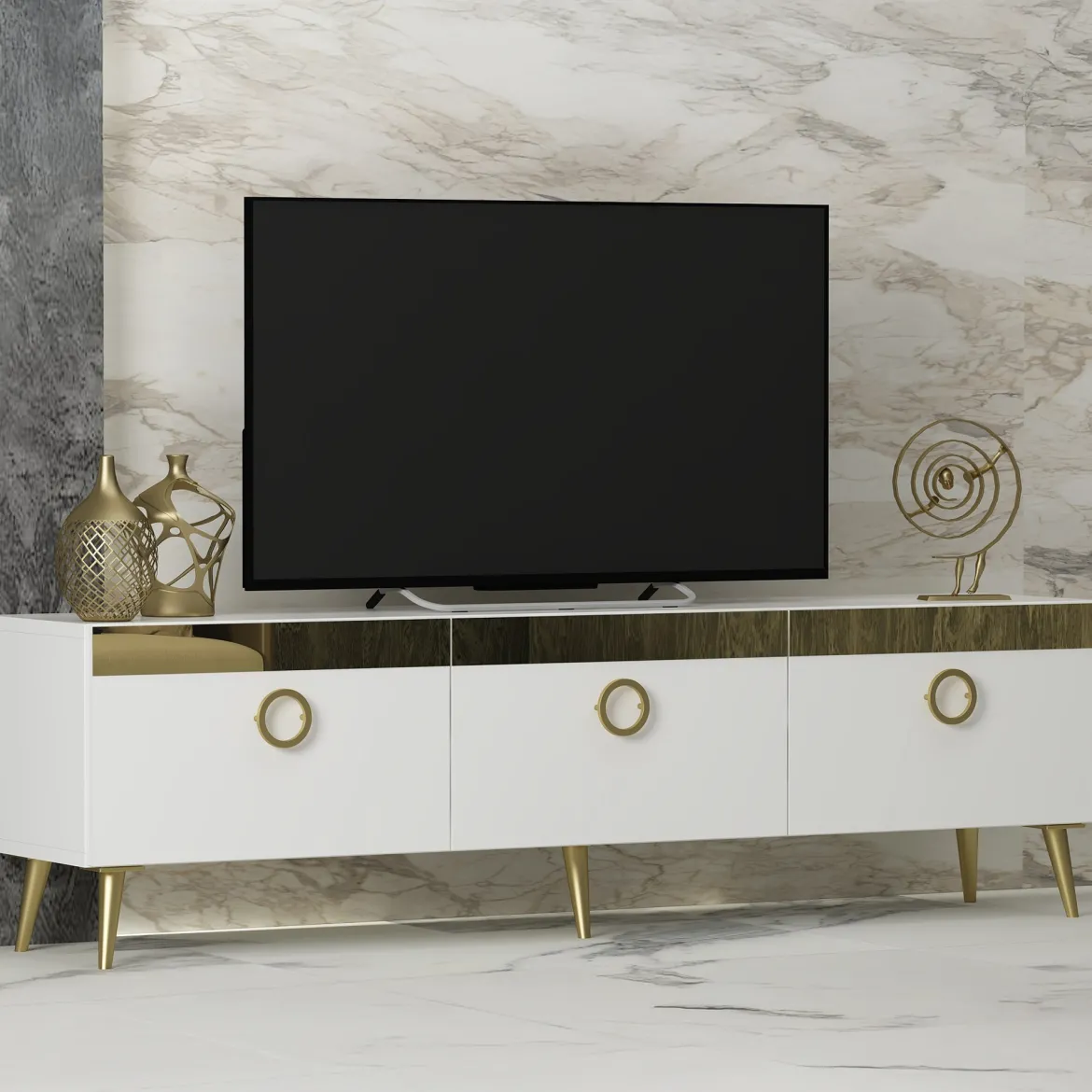 Mobile Porta tv Bianco oro 3 Ante 3 Vani 150x30x45h cm, Apertura a Ribalta - Fiore