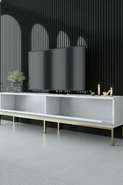 Mobile Porta tv Bianco oro Cassetti un Ripiano 180x30x47h cm, 2 Ante - Espero