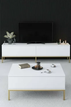 Mobile Porta tv Bianco oro Cassetti un Ripiano 180x30x47h cm, 2 Ante - Espero