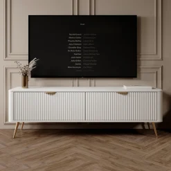 Mobile Porta tv Bianco oro 2 Ripiani 2 Ante 163x38x51h cm, Ante Effetto Rigato con Piedini - Kalase