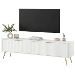 Mobile Porta tv Bianco oro 2 Ripiani 2 Ante 163x38x51h cm, Ante Effetto Rigato con Piedini - Kalase