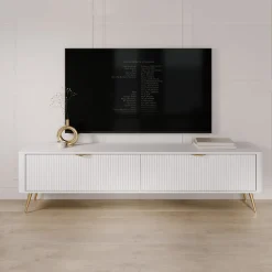Mobile Porta tv Bianco oro 2 Ripiani 2 Ante 200x38x51h cm, Ante Effetto Rigato con Piedini - Kala