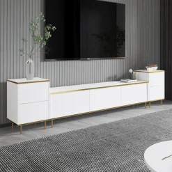 Mobile Porta tv Bianco 2 Ripiani 5 Ante 180x35x45h cm, con Finiture oro - Cortin