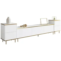 Mobile Porta tv Bianco 2 Ripiani 5 Ante 180x35x45h cm, con Finiture oro - Cortin