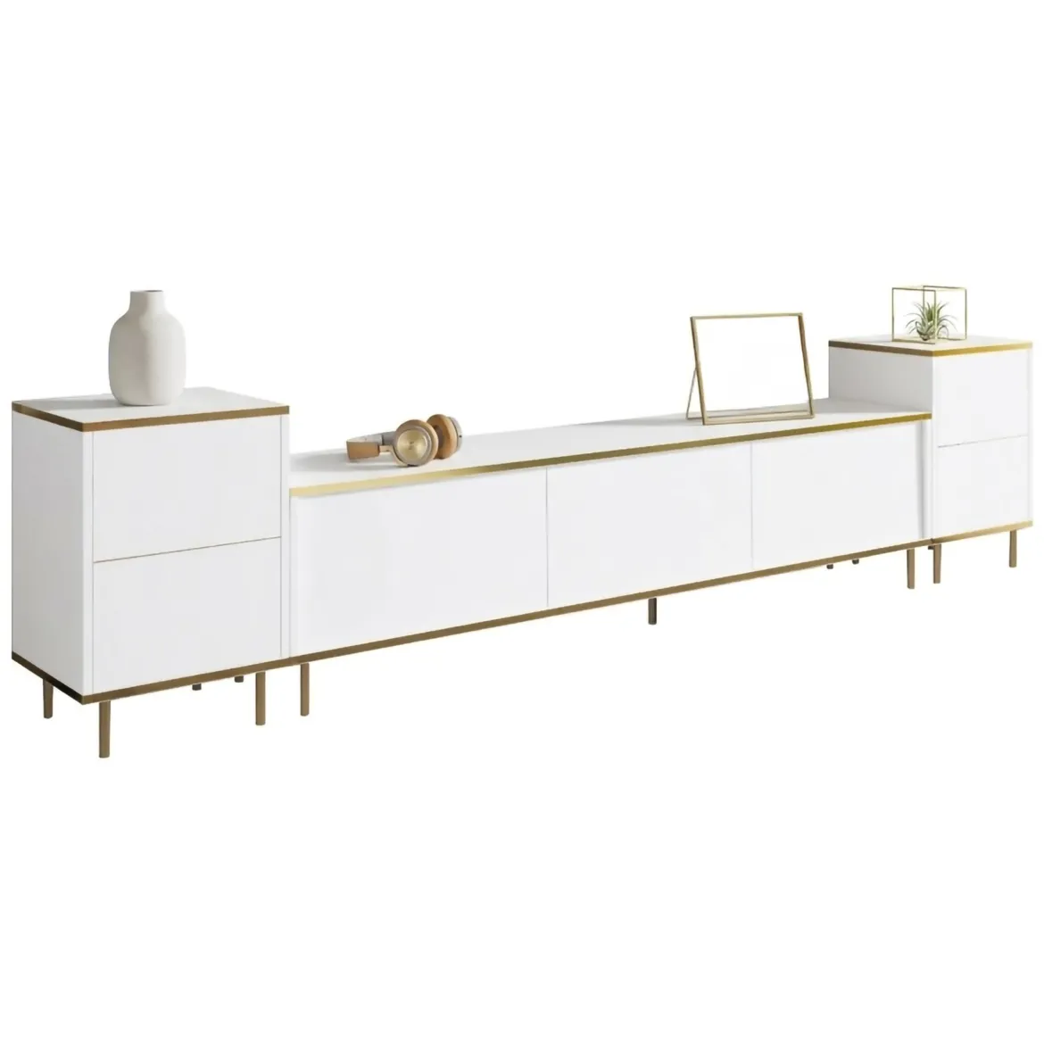 Mobile Porta tv Bianco 2 Ripiani 5 Ante 180x35x45h cm, con Finiture oro - Cortin