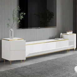 Mobile Porta tv Bianco 2 Ripiani 5 Ante 180x35x45h cm, con Finiture oro - Cortin