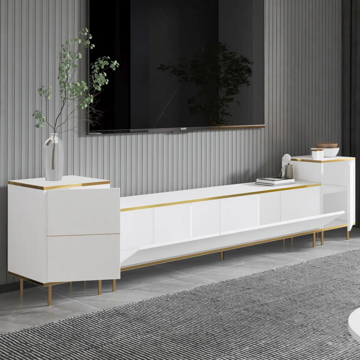 Mobile Porta tv Bianco 2 Ripiani 5 Ante 180x35x45h cm, con Finiture oro - Cortin