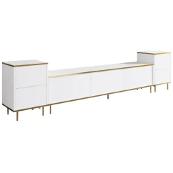Mobile Porta tv Bianco 2 Ripiani 5 Ante 180x35x45h cm, con Finiture oro - Cortin
