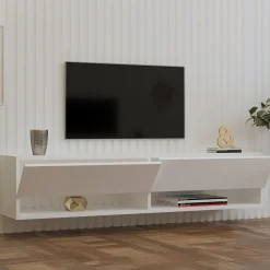 Mobile Porta tv Bianco 2 Ripiani Apertura a Ribalta 141x30x31h cm, 2 Ante - Olmi