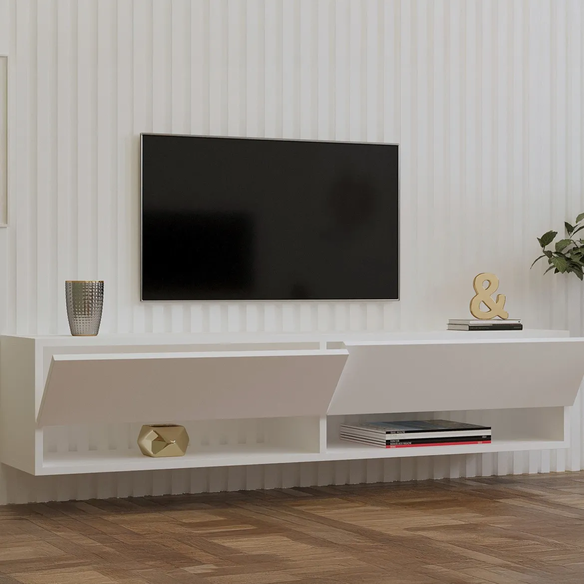 Mobile Porta tv Bianco 2 Ripiani Apertura a Ribalta 141x30x31h cm, 2 Ante - Olmi