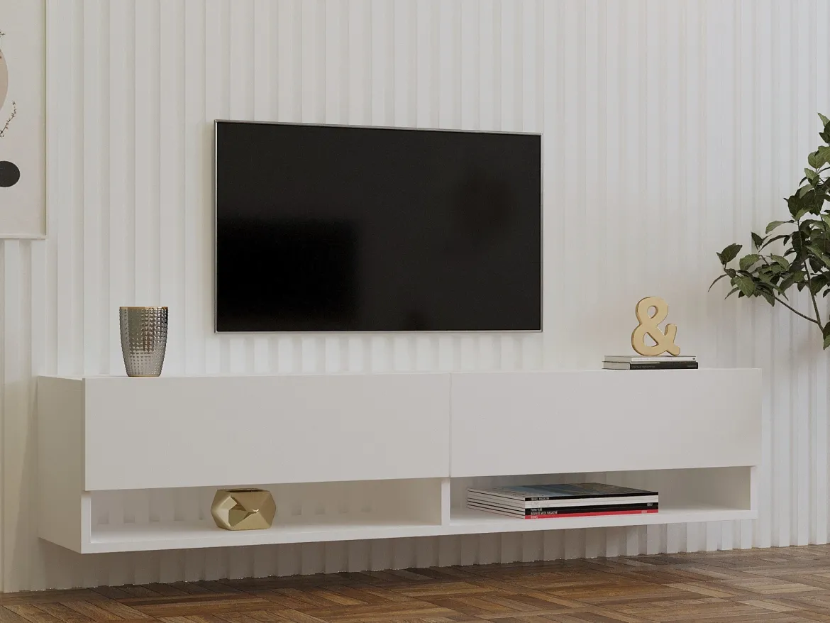 Mobile Porta tv Bianco 2 Ripiani Apertura a Ribalta 141x30x31h cm, 2 Ante - Olmi