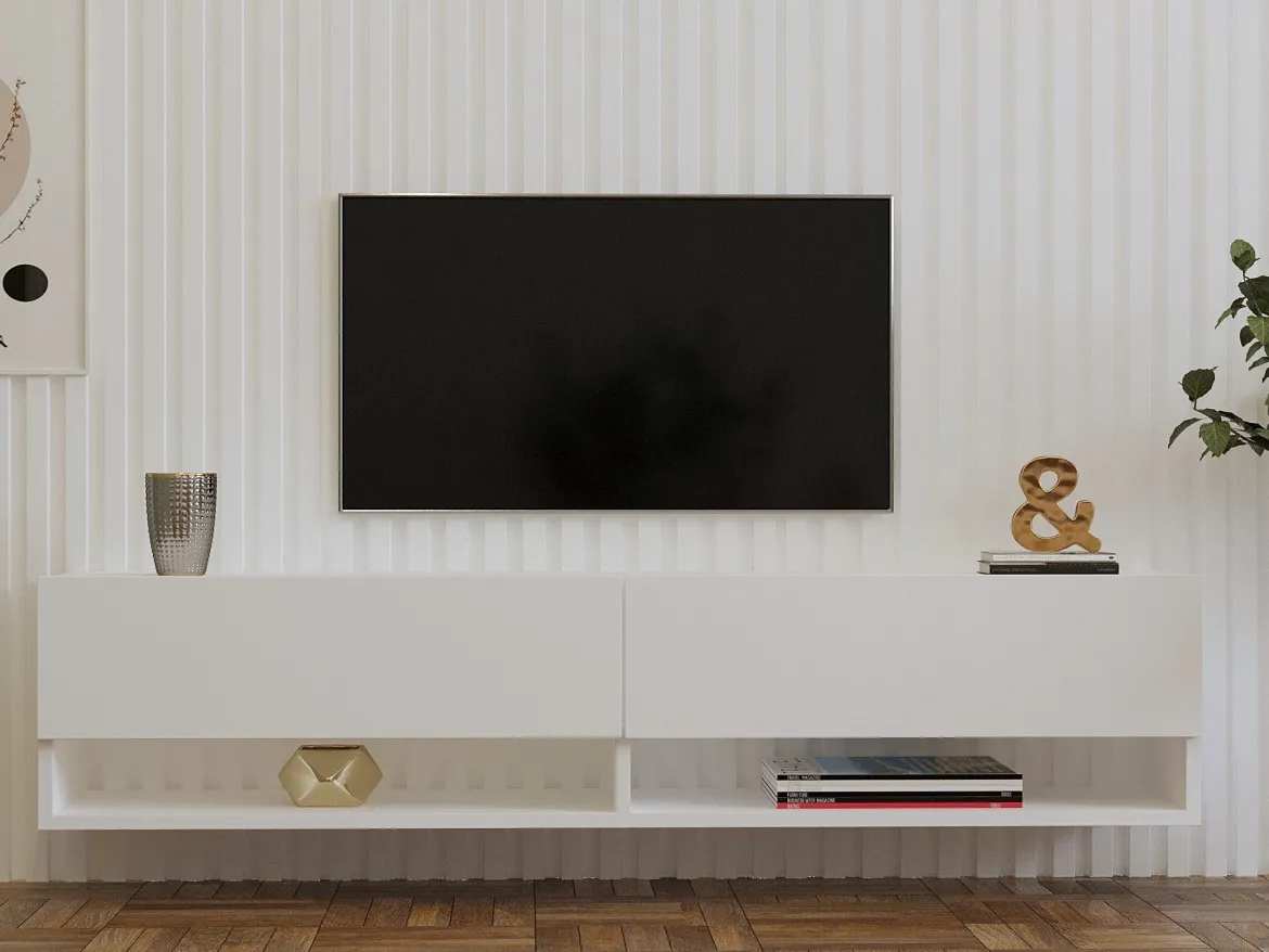 Mobile Porta tv Bianco 2 Ripiani Apertura a Ribalta 141x30x31h cm, 2 Ante - Olmi