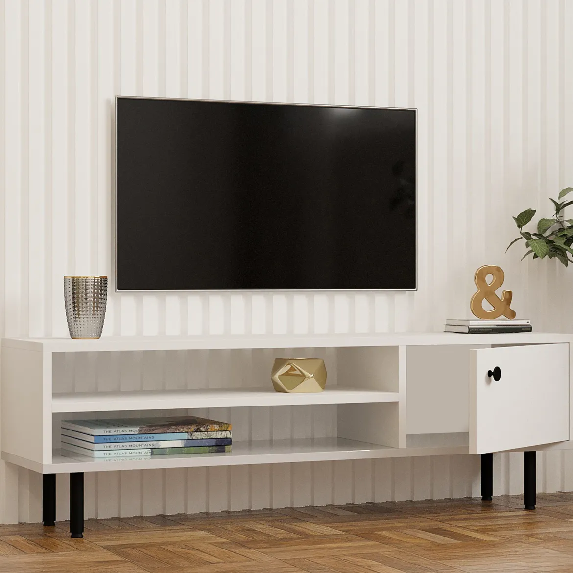 Mobile Porta tv Bianco un Ripiano Apertura Battente 120x30x38h cm, Un'anta - Metomaha