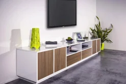 Mobile porta TV Dleott, cm 260x41h46, Bianco lucido e Noce
