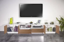 Mobile porta TV Dleott, cm 260x41h46, Bianco lucido e Noce