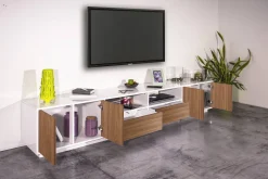Mobile porta TV Dleott, cm 260x41h46, Bianco lucido e Noce