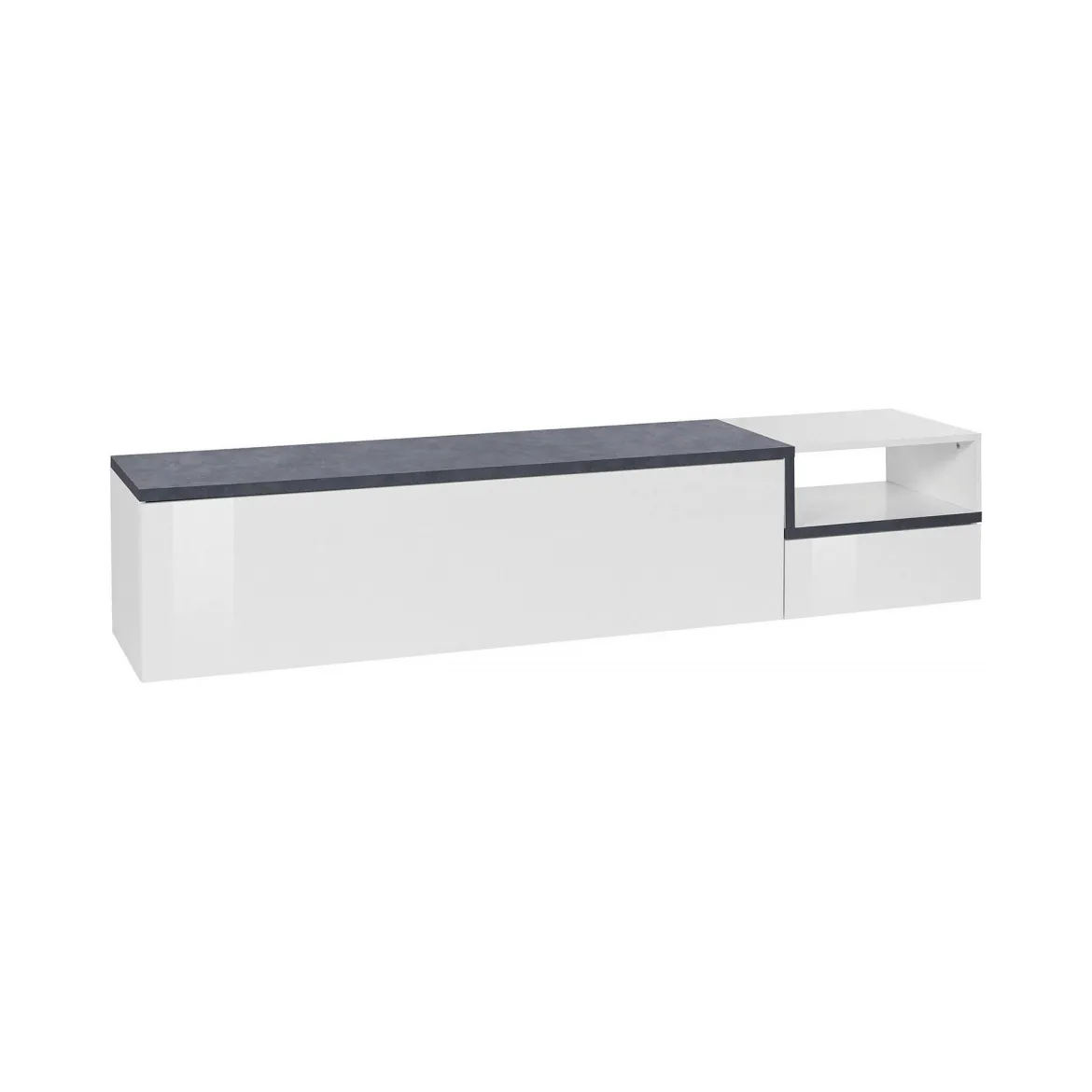 Mobile porta TV Febe, cm 200x40h49, Bianco lucido e Ardesia