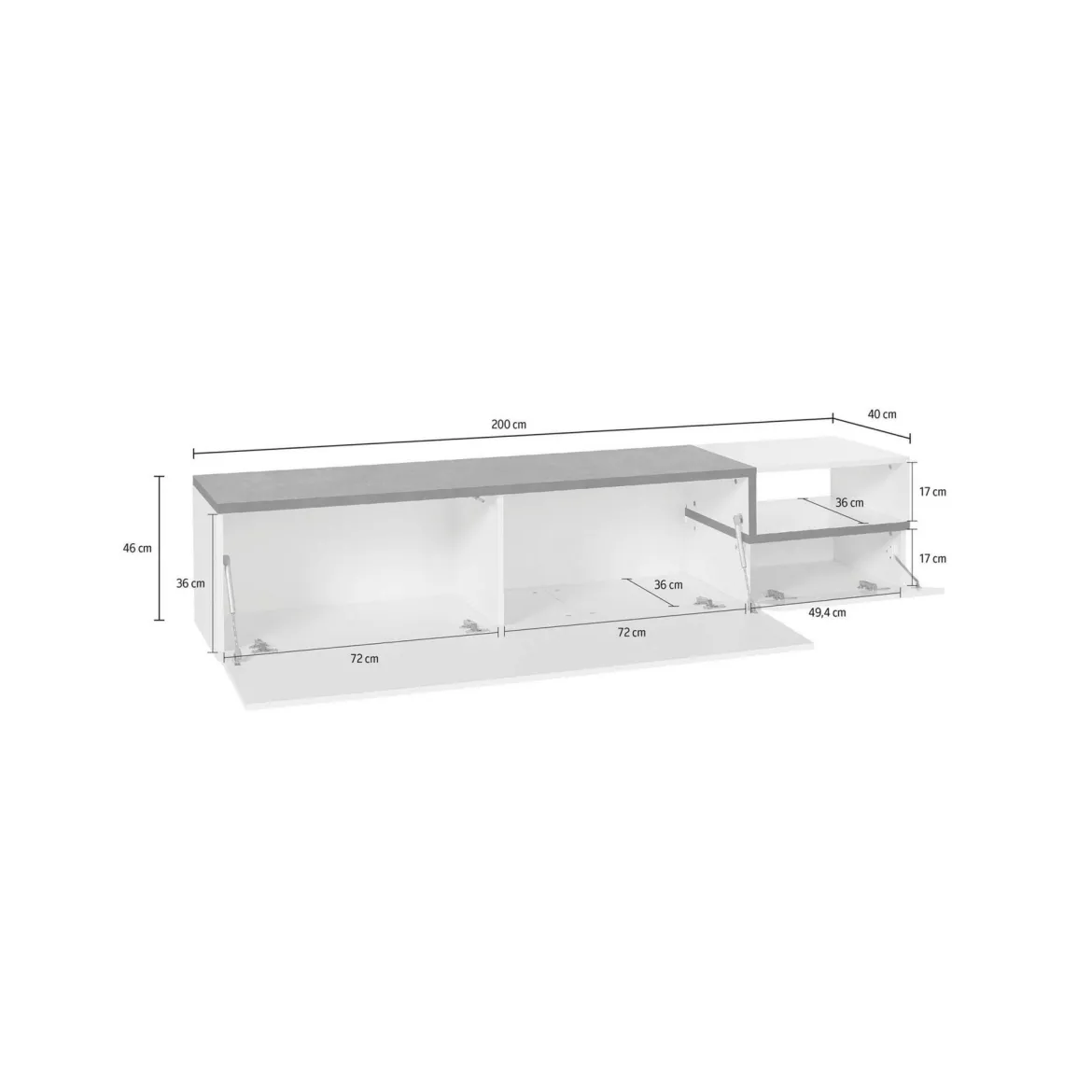 Mobile porta TV Febe, cm 200x40h49, Bianco lucido e Ardesia