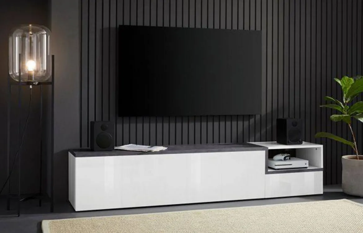 Mobile porta TV Febe, cm 200x40h49, Bianco lucido e Ardesia