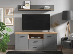 Mobile Porta tv Grigio Scuro Marrone Rovere Nodi 2 Cassetti 4 Ripiani 161x41x66.5h cm, Apertura Battente, Scorrevole - Rotondi