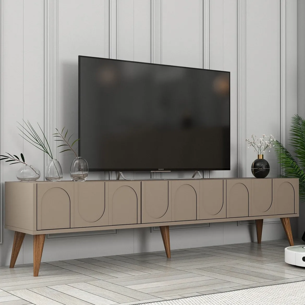 Mobile Porta tv Grigio Tortora Nero 3 Ante Apertura a Ribalta 180x35x42h cm, 3 Vani - Scafa