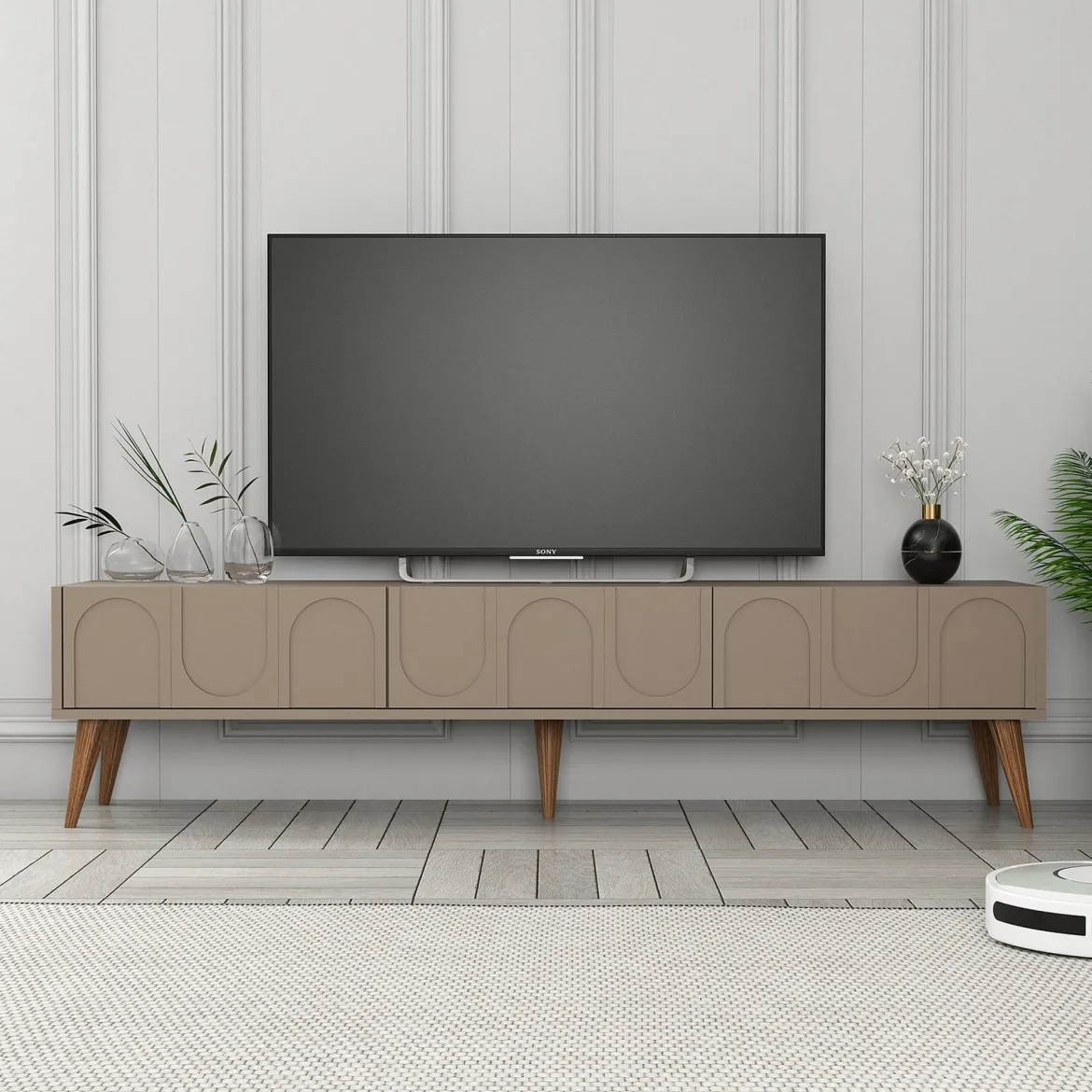 Mobile Porta tv Grigio Tortora Nero 3 Ante Apertura a Ribalta 180x35x42h cm, 3 Vani - Scafa
