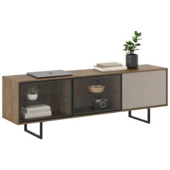 Mobile Porta tv Marrone Noce Beige 3 Ripiani 3 Ante 185x40x60h cm, Anta e Ripiani Dettaglio Vetro - Serrata