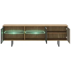 Mobile Porta tv Marrone Noce Beige 3 Ripiani 3 Ante 185x40x60h cm, Anta e Ripiani Dettaglio Vetro, con Luci led - Travesio