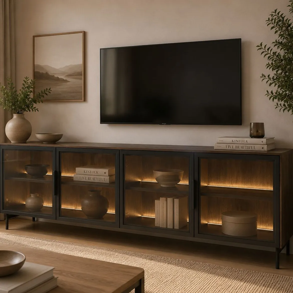 Mobile Porta tv Marrone Noce Nero Antracite un Ripiano 2 Ante 180x40x45h cm, 4 Vani - Fonni