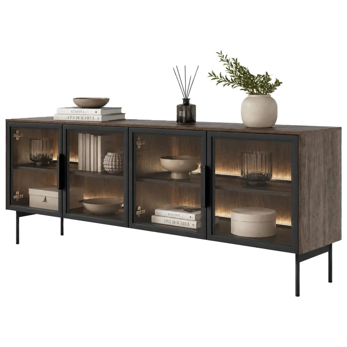 Mobile Porta tv Marrone Noce Nero Antracite un Ripiano 2 Ante 180x40x45h cm, 4 Vani - Fonni