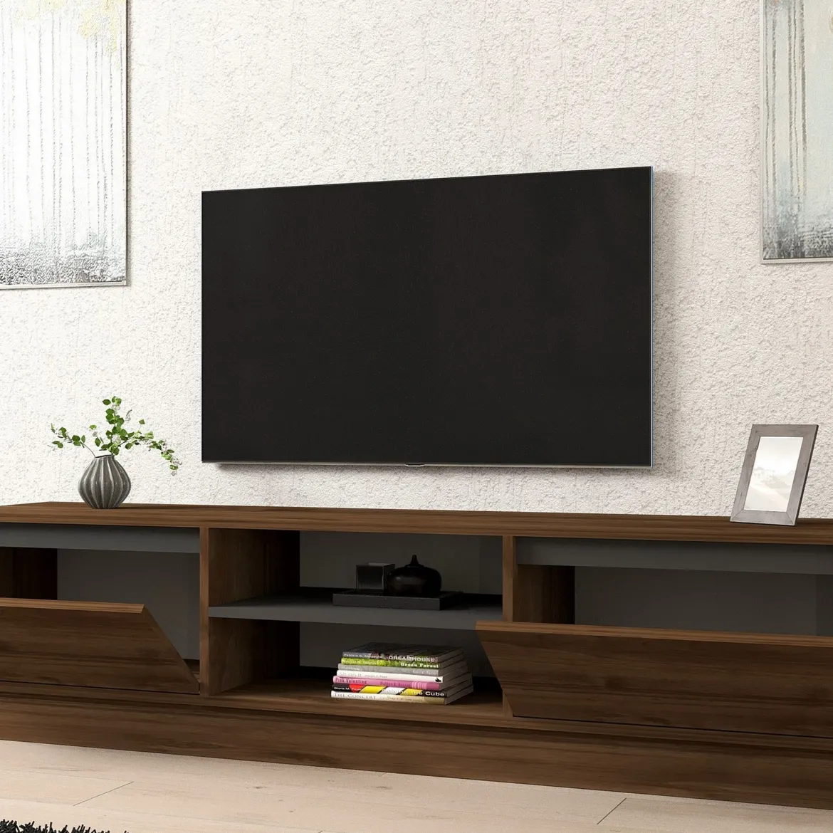 Mobile Porta tv Marrone Noce Nero Cassetti un Ripiano 180x30x50h cm, 2 Ante - Abishia