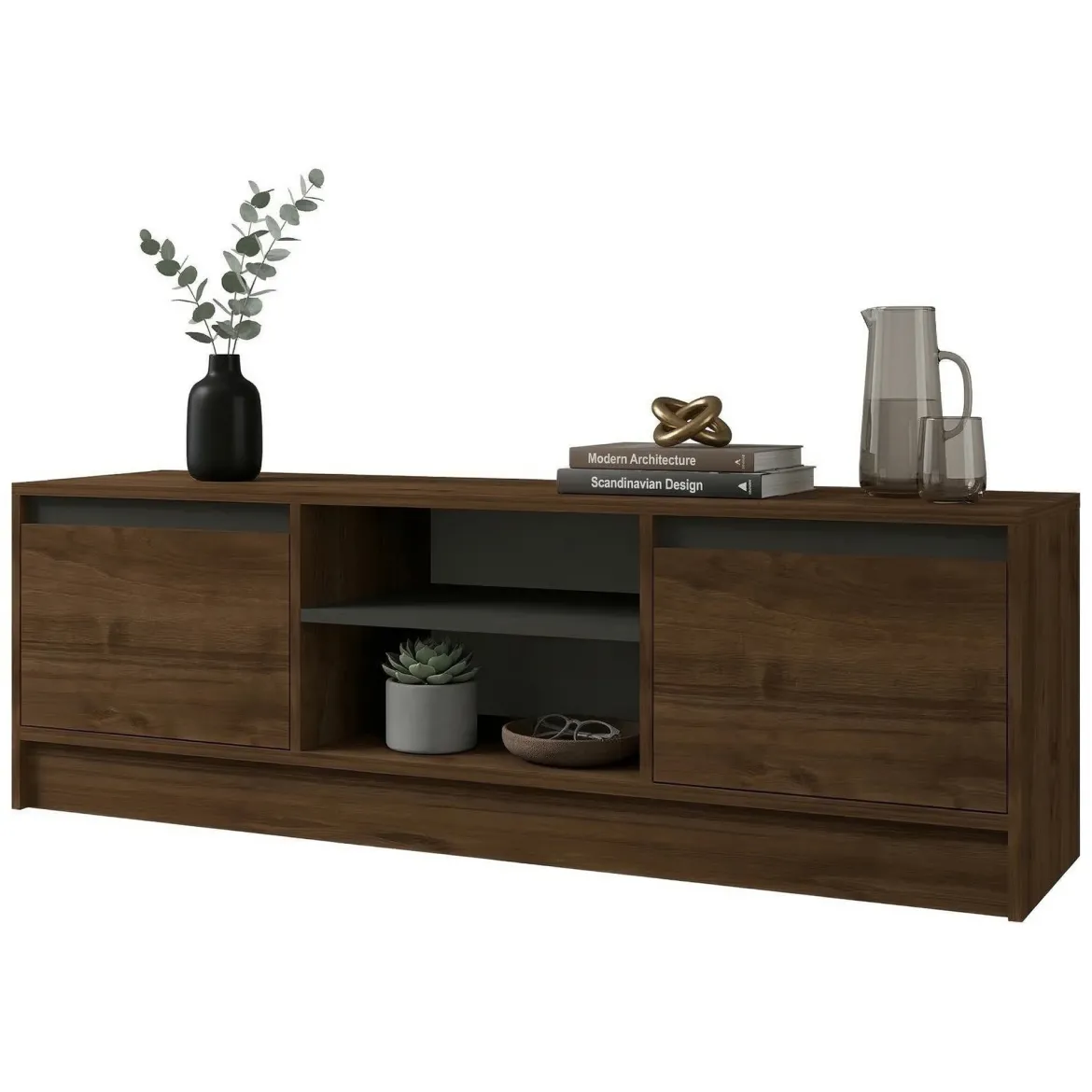 Mobile Porta tv Marrone Noce Nero Cassetti un Ripiano 180x30x50h cm, 2 Ante - Abishia