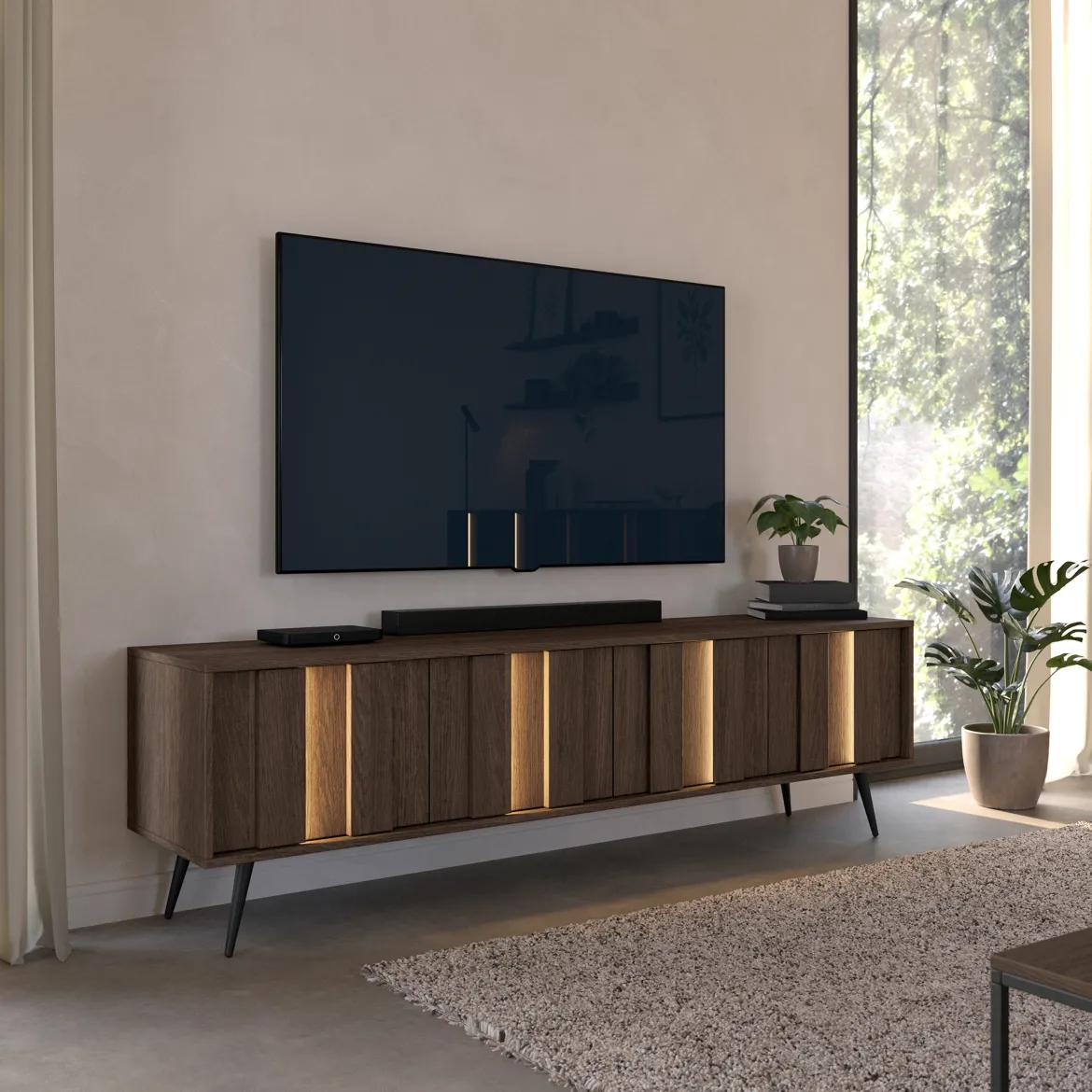 Mobile Porta tv Marrone Noce Noce Antracite 2 Ripiani 5 Vani 156x30x40h cm, Peso Supportato 40 kg - Zubiena