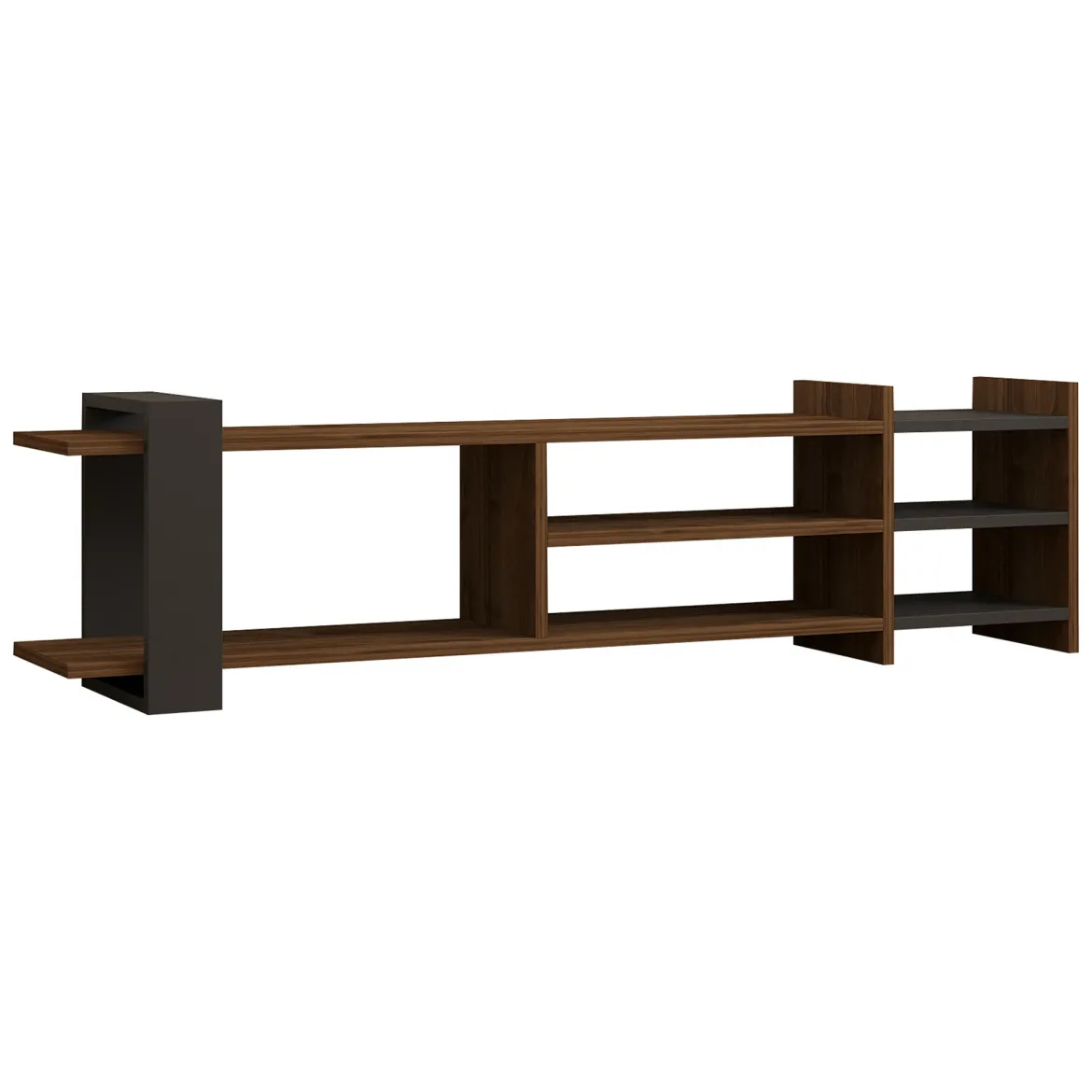 Mobile Porta tv Marrone Noce Noce Antracite 2 Ripiani 5 Vani 156x30x40h cm, Peso Supportato 40 kg - Zubiena