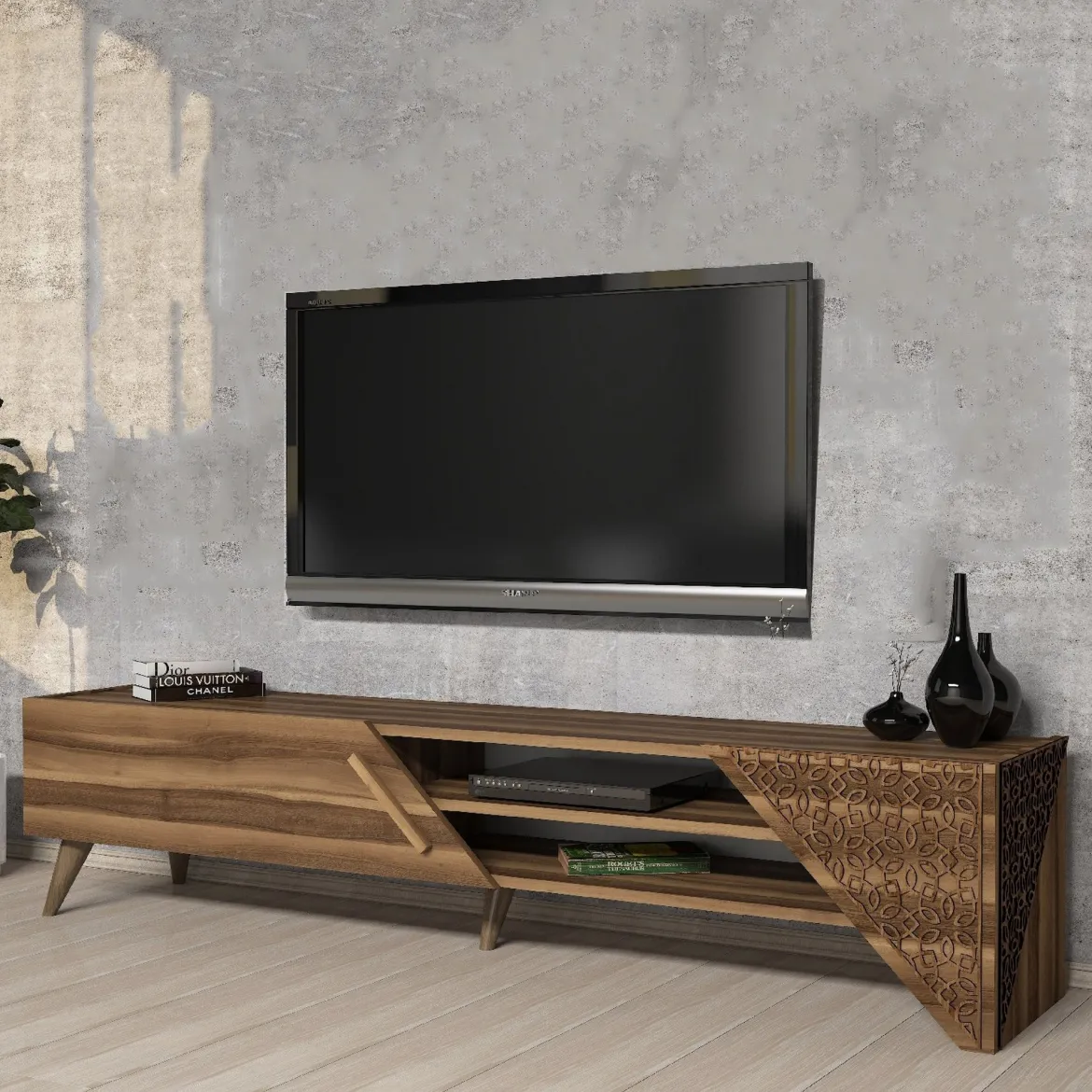 Mobile Porta tv Marrone Noce un Ripiano Un'anta 180x40x37h cm, 3 Vani - Campli