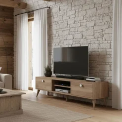 Mobile Porta tv Marrone Quercia un Ripiano Apertura Maniglia 182x44x63h cm, 2 Vani - Silea