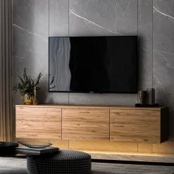 Mobile Porta tv Marrone Rovere 3 Vani 3 Ante 160x32x35h cm, Apertura a Ribalta - Surrigone
