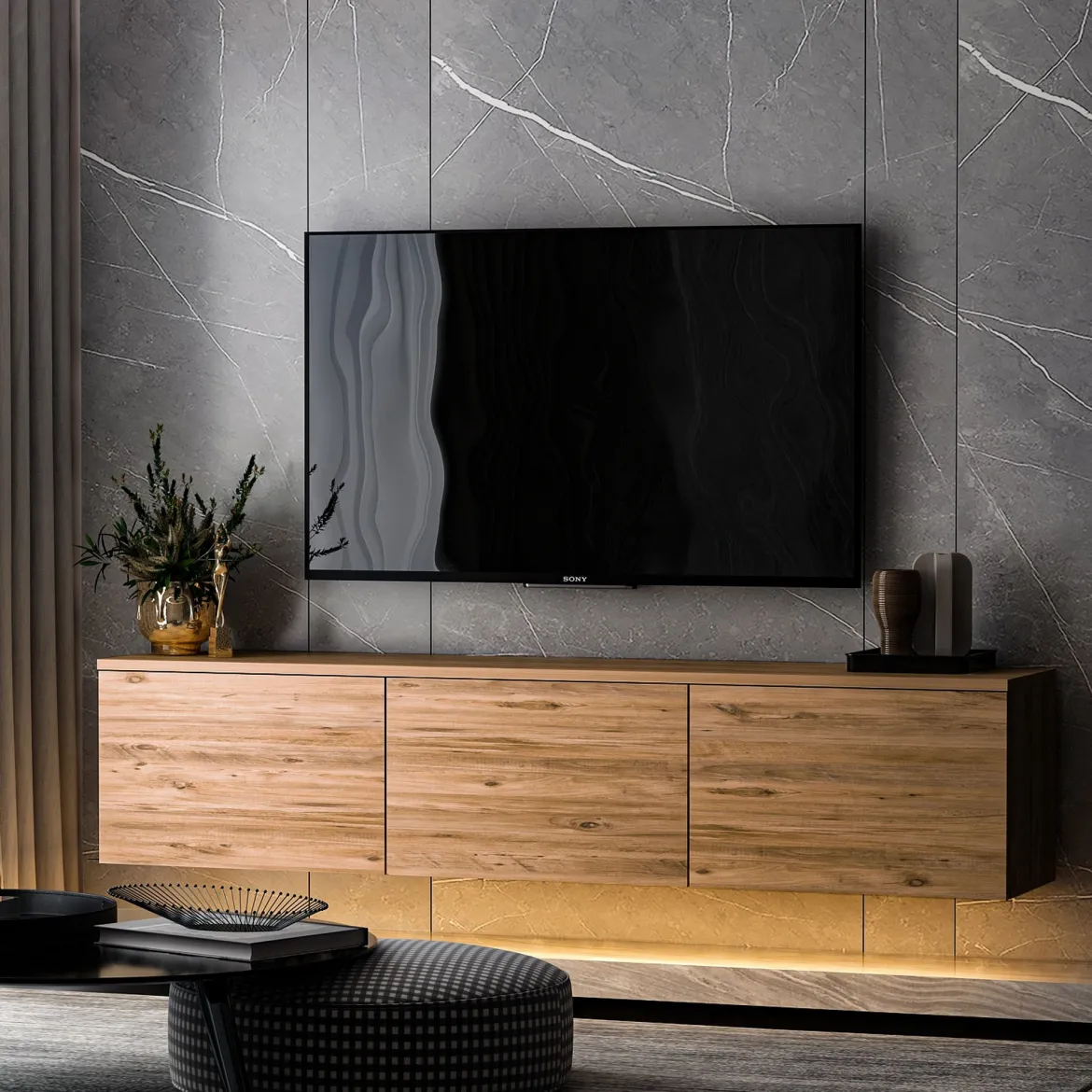 Mobile Porta tv Marrone Rovere 3 Vani 3 Ante 160x32x35h cm, Apertura a Ribalta - Surrigone