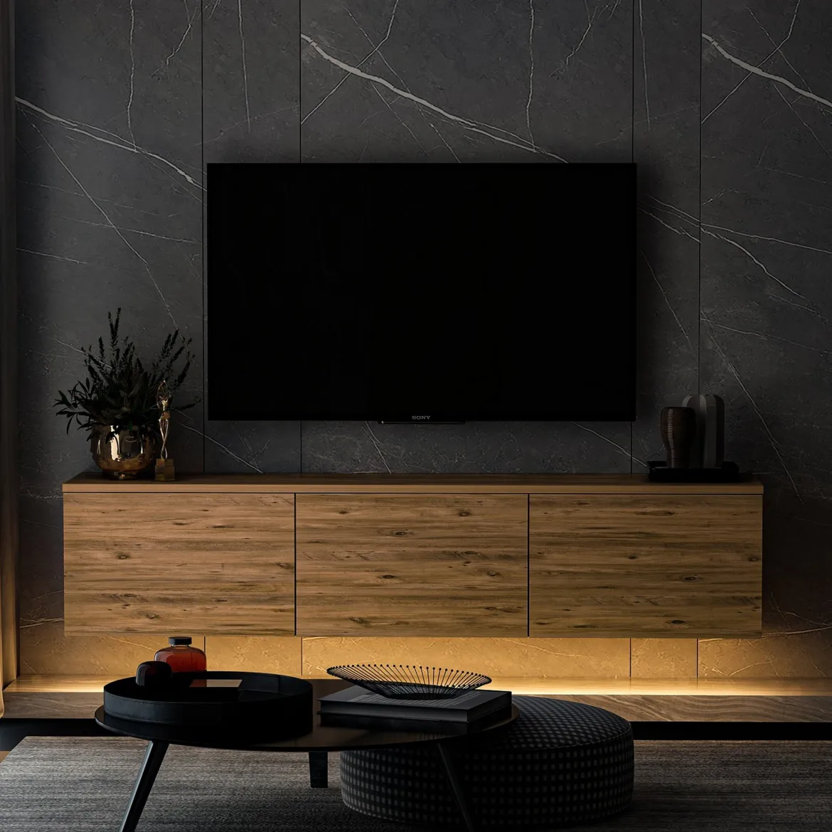 Mobile Porta tv Marrone Rovere 3 Vani 3 Ante 160x32x35h cm, Apertura a Ribalta - Surrigone