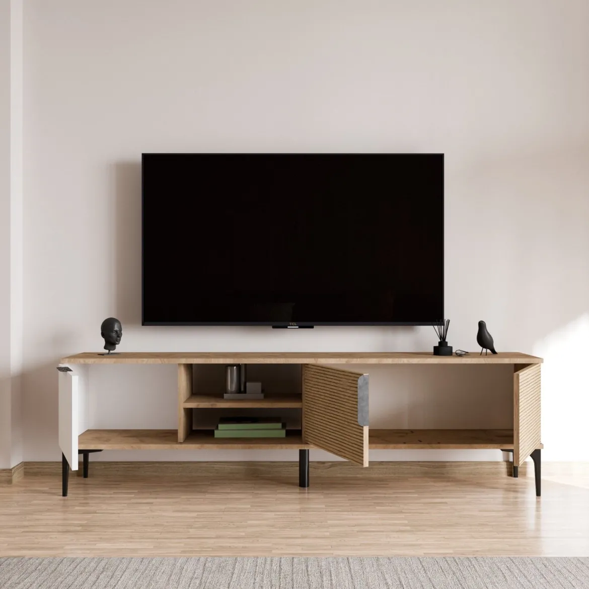 Mobile Porta tv Marrone Rovere Bianco un Ripiano 3 Vani 120x40x45h cm, Un'anta - Pigra
