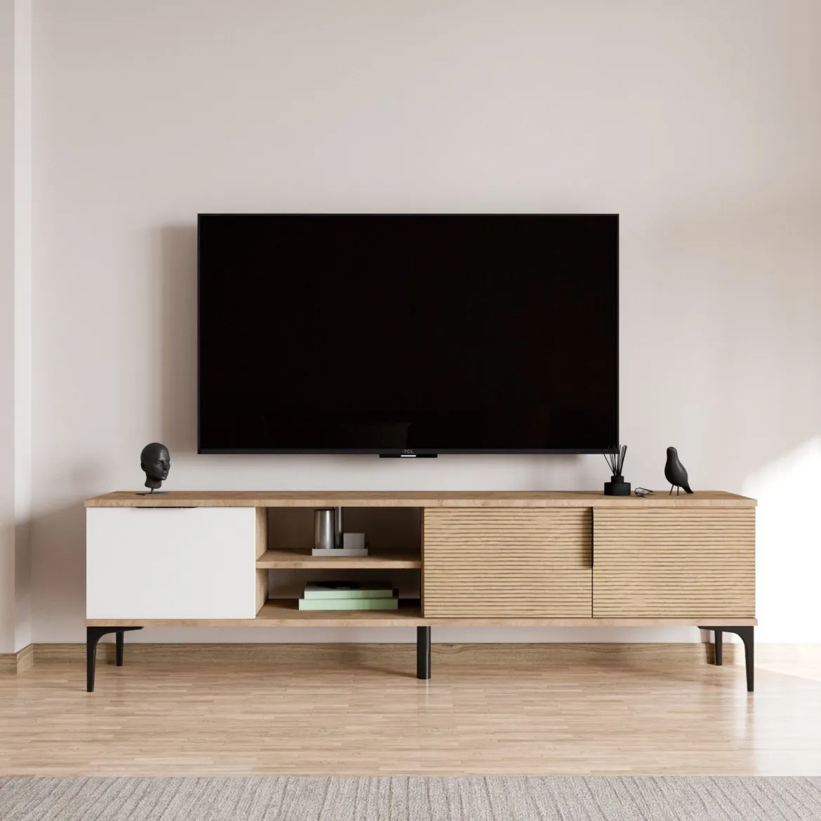 Mobile Porta tv Marrone Rovere Bianco un Ripiano 3 Vani 120x40x45h cm, Un'anta - Pigra