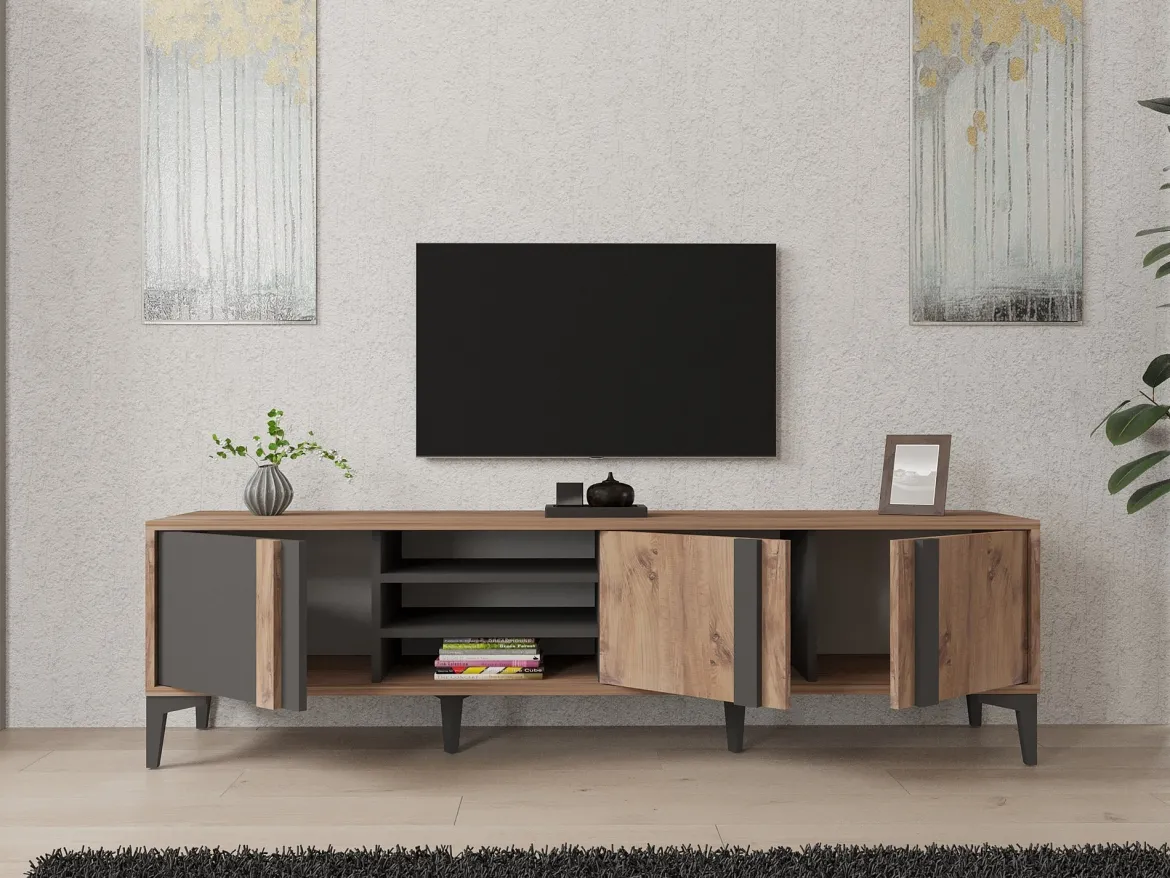 Mobile Porta tv Marrone Rovere Nero Antracite 2 Ripiani 3 Ante 180x40x50h cm, 6 Vani - Gruaro