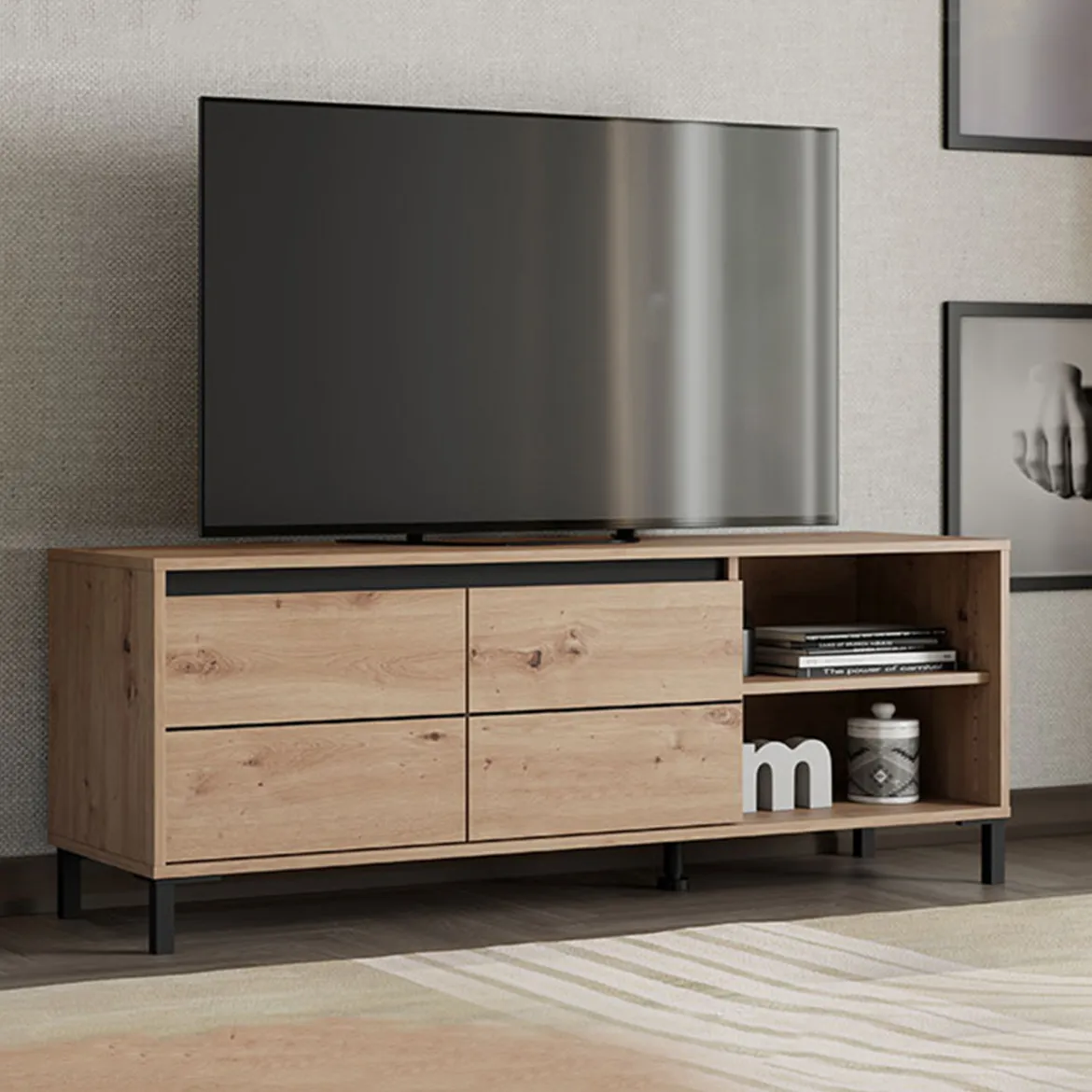 Mobile Porta tv Marrone Rovere Nodi Nero 2 Ripiani 2 Ante 188x40x46h cm, Ripiano in Vetro - Kahadada