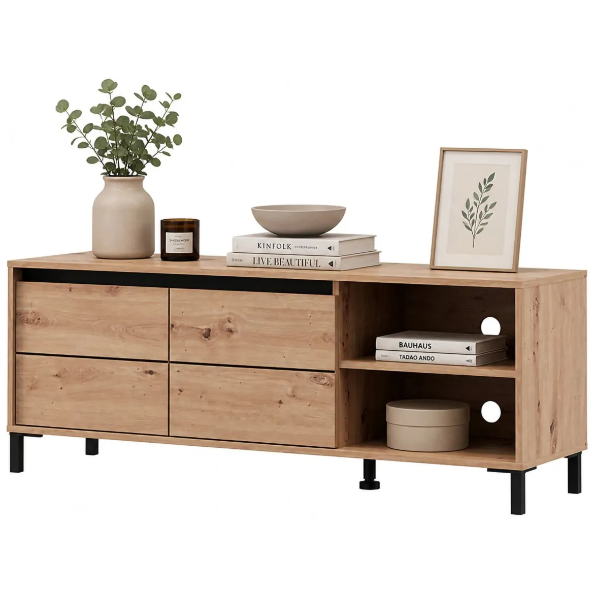Mobile Porta tv Marrone Rovere Nodi Nero 2 Ripiani 2 Ante 188x40x46h cm, Ripiano in Vetro - Kahadada