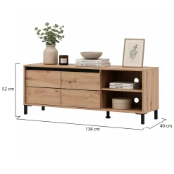 Mobile Porta tv Marrone Rovere Nodi Nero 2 Ripiani 2 Ante 188x40x46h cm, Ripiano in Vetro - Kahadada