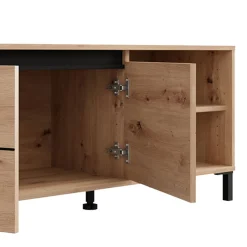 Mobile Porta tv Marrone Rovere Nodi Nero 2 Ripiani 2 Ante 188x40x46h cm, Ripiano in Vetro - Kahadada