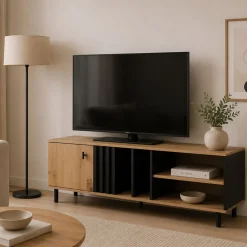 Mobile Porta tv Marrone Rovere Nodi Nero 2 Ripiani Un'anta 138x40x49h cm, con Piedini - Kali