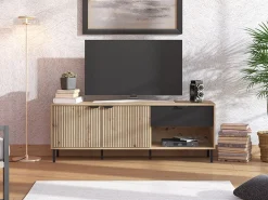 Mobile Porta tv Marrone Rovere Nodi Nero un Cassetto 2 Ripiani 150.5x40x54.5h cm, 2 Ante - Preone