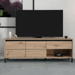 Mobile Porta tv Marrone Rovere Nodi Nero un Cassetto un Ripiano 151x40x52h cm, 2 Ante - Corciano